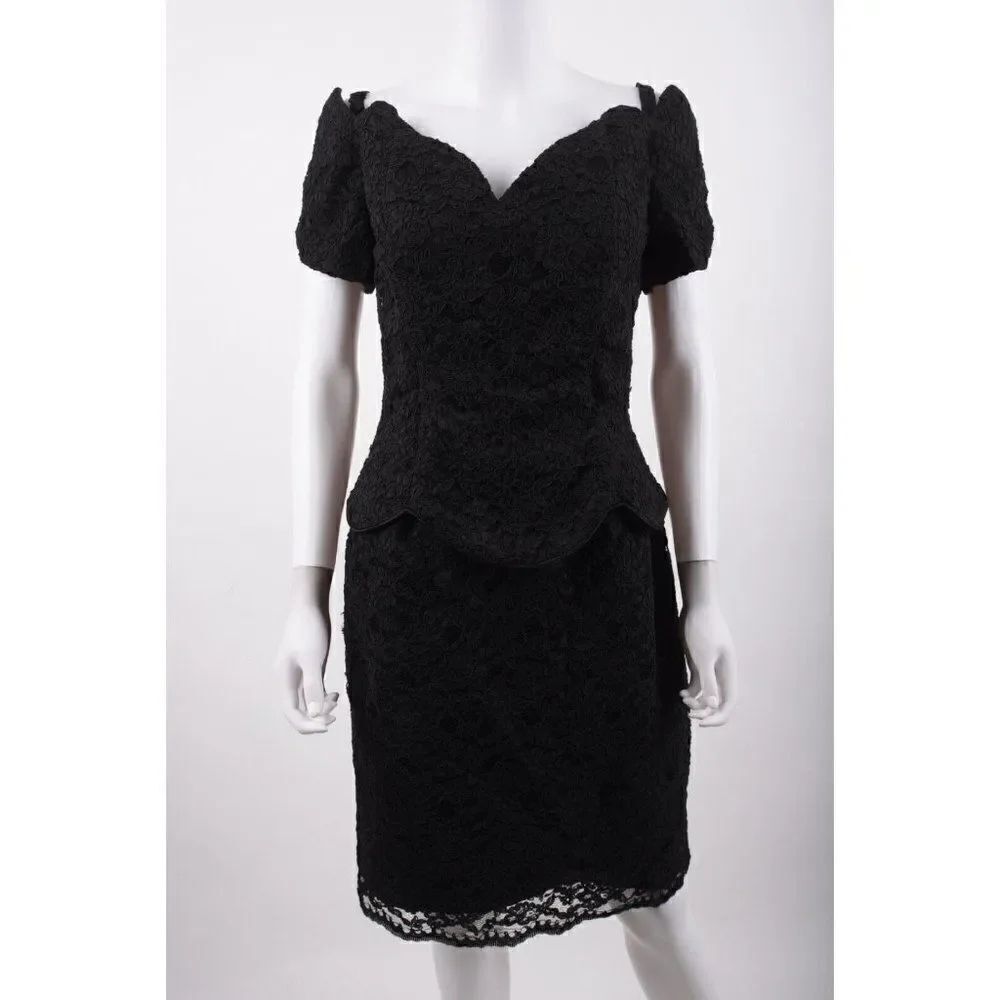 Vintage 80s Jessica McClintock Dress Black Lace Off Shoulder Cocktail Evening